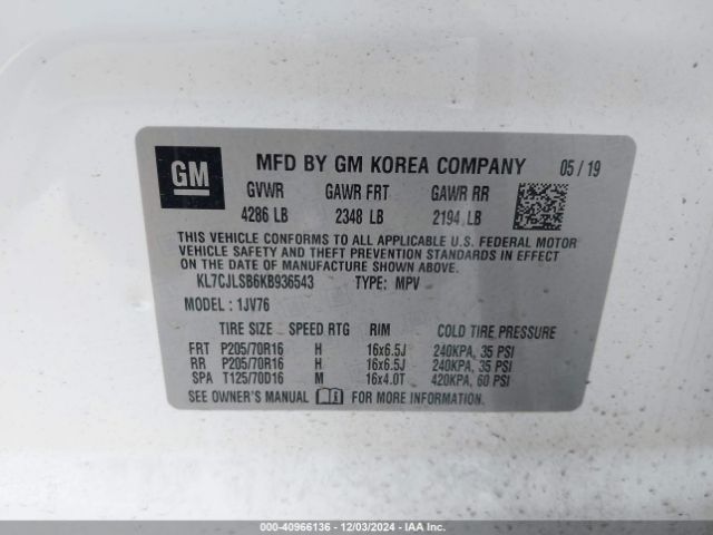 KL7CJLSB6KB936543 Chevrolet Trax Lt