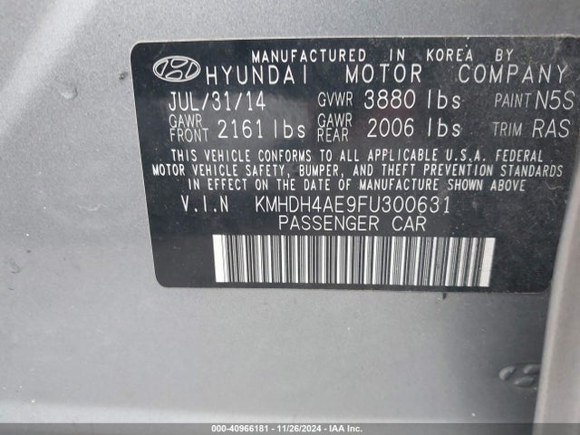 Hyundai ELANTRA SE 2015 KMHDH4AE9FU300631 Image 9