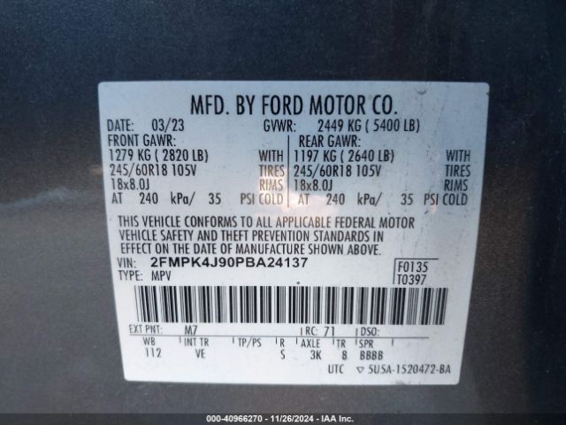 2FMPK4J90PBA24137 Ford EDGE SEL