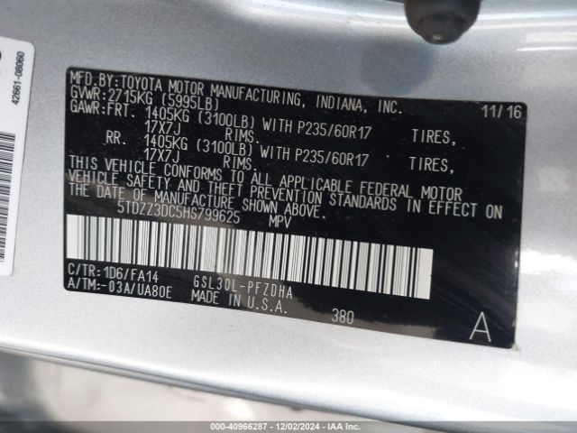 5TDZZ3DC5HS799625 Toyota Sienna L 7 Passenger