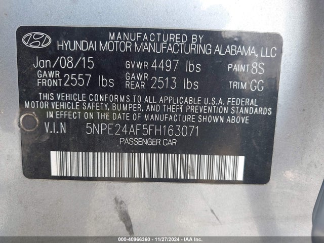 Hyundai SONATA SE 2015 5NPE24AF5FH163071 Image 9