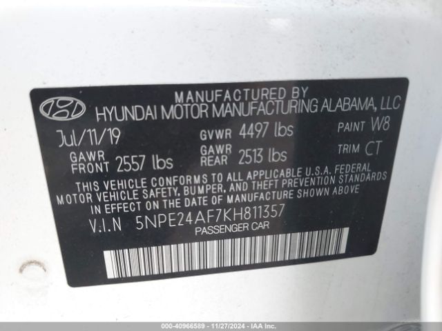 5NPE24AF7KH811357 Hyundai SONATA SE