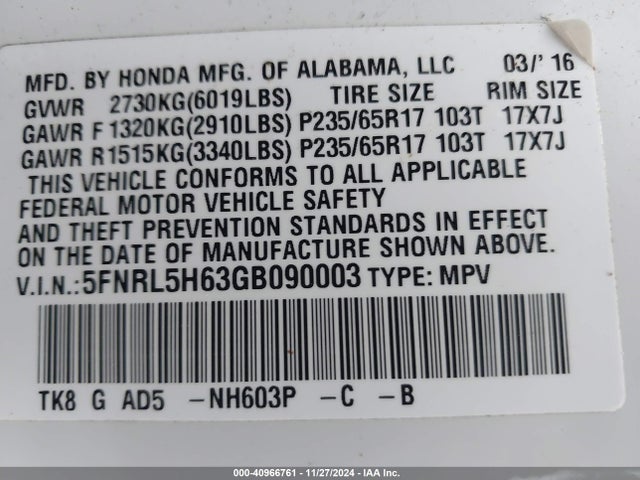 5FNRL5H63GB090003 Honda Odyssey Ex-l