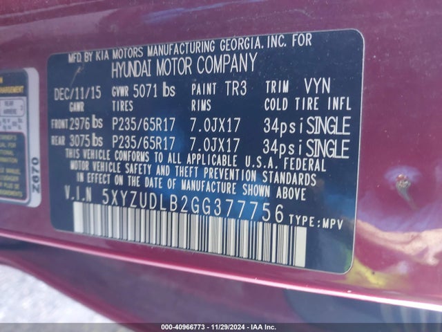 5XYZUDLB2GG377756 Hyundai Santa Fe Sport 2.4l