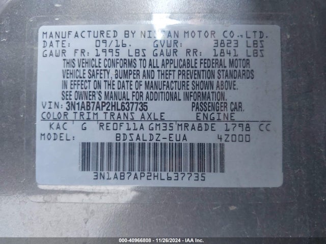 3N1AB7AP2HL637735 Nissan Sentra S/sl/sr/sv