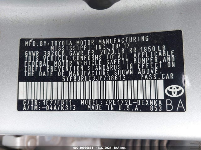 Toyota COROLLA LE 2018 5YFBURHE3JP738612 Image 9