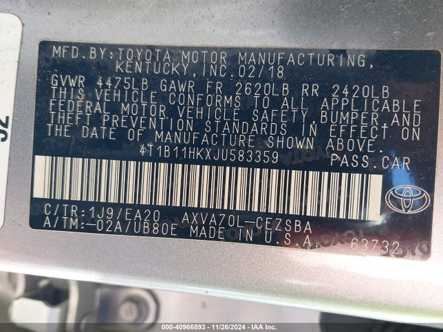 4T1B11HKXJU583359 Toyota CAMRY SE