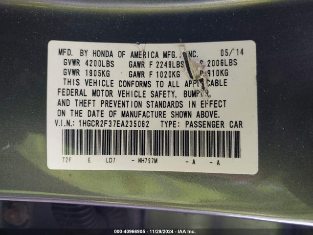 Honda ACCORD LX 2014 1HGCR2F37EA235062 Image 9