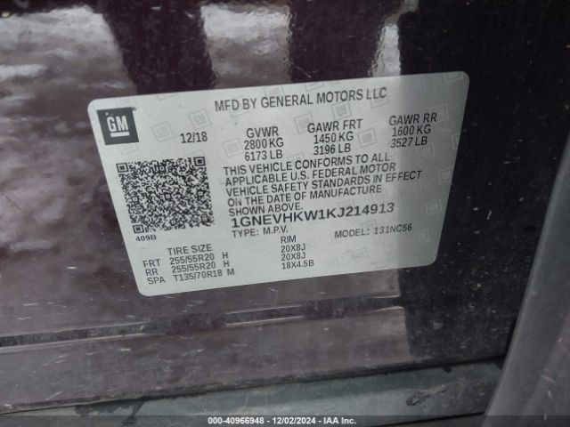 1GNEVHKW1KJ214913 Chevrolet Traverse 3lt