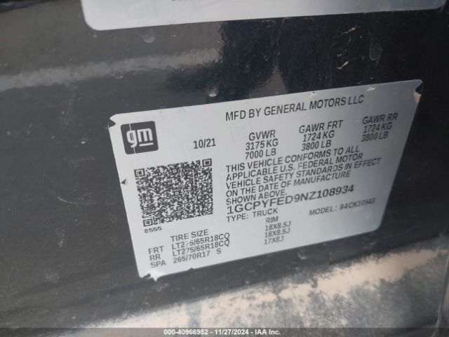 1GCPYFED9NZ108934 Chevrolet Silverado 1500 Ltd 4wd  Short Bed Lt Trail Boss