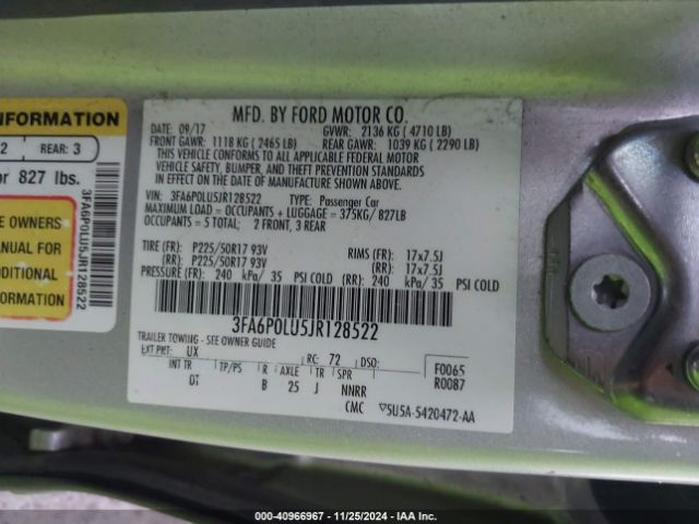 3FA6P0LU5JR128522 Ford Fusion Hybrid Se