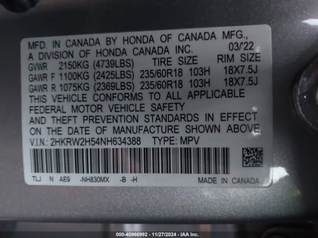 2HKRW2H54NH634388 Honda Cr-v Awd Ex