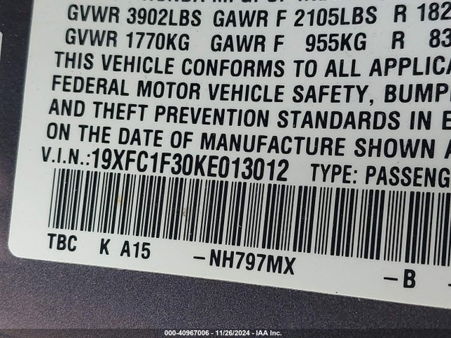 19XFC1F30KE013012 Honda CIVIC EX