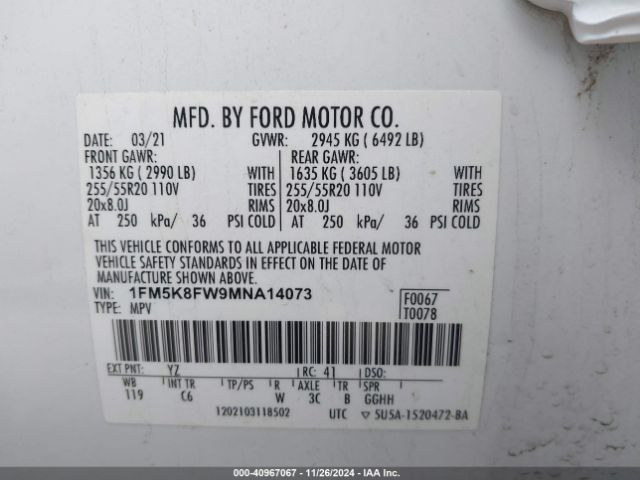 1FM5K8FW9MNA14073 Ford Explorer Limited