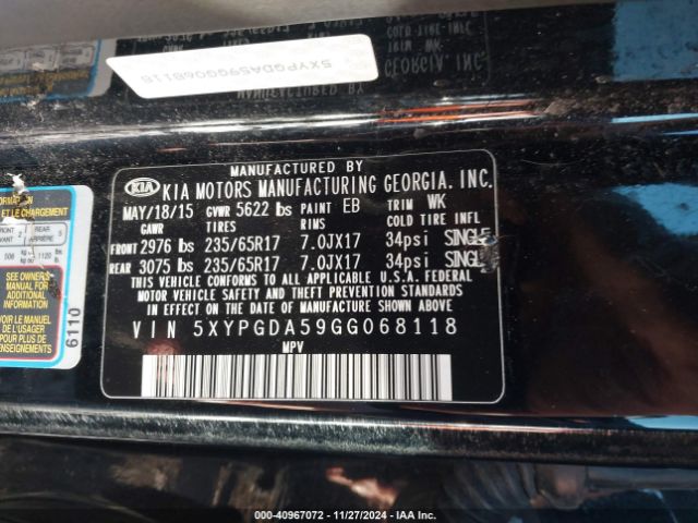 5XYPGDA59GG068118 KIA Sorento 3.3l Lx