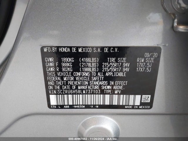Honda Hr-v Awd Ex 2020 3CZRU6H58LM737103 Image 9
