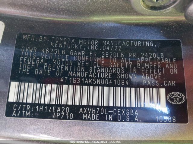 4T1G31AK5NU041084 Toyota Camry Se Hybrid