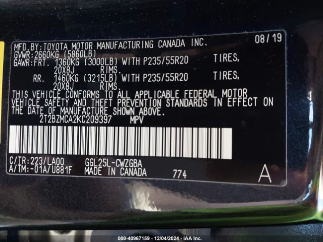 2T2BZMCA2KC209397 Lexus RX 350
