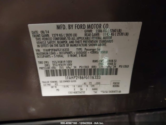 Ford Taurus Limited 2015 1FAHP2F86FG116333 Image 9