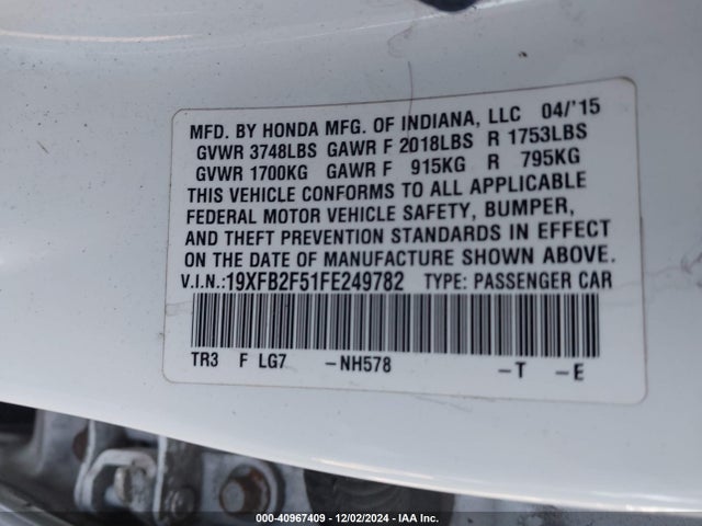 Honda Civic Lx 2015 19XFB2F51FE249782 Image 9