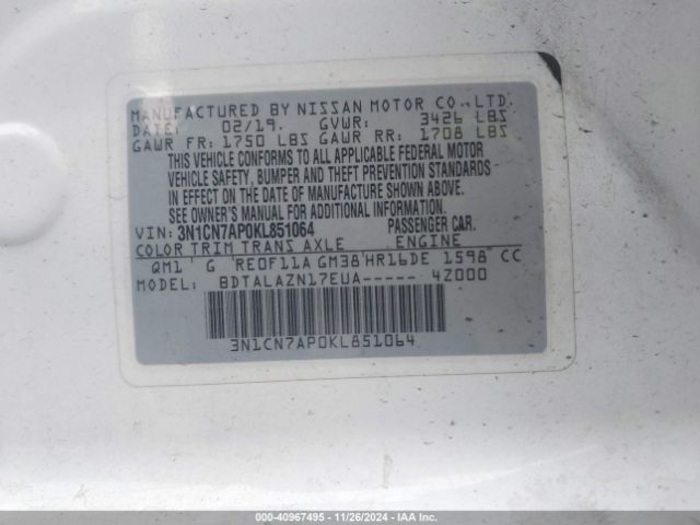 3N1CN7AP0KL851064 Nissan Versa 1.6 S+