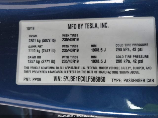 5YJ3E1EC0LF586860 Tesla Model 3 Performance Dual Motor All-wheel Drive