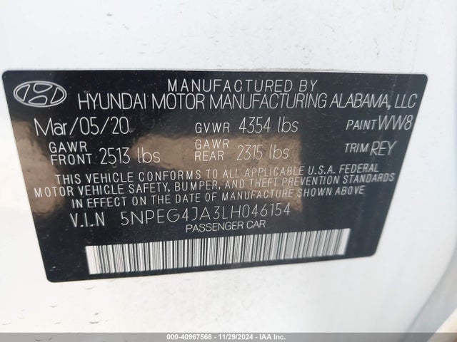 Hyundai SONATA SE 2020 5NPEG4JA3LH046154 Image 9