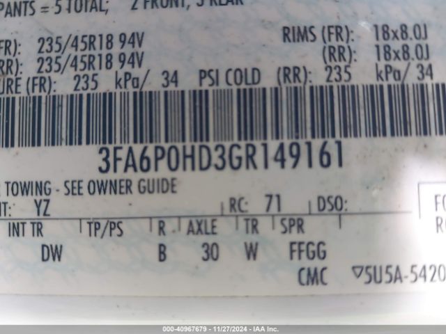 3FA6P0HD3GR149161 Ford FUSION SE