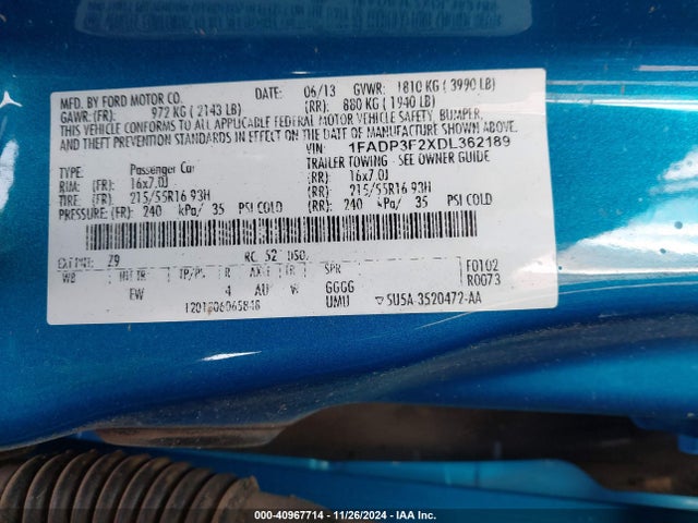 40967714 :رقم المزاد ، 1FADP3F2XDL362189 vin ، 2013 Ford Focus Se مزاد بيع