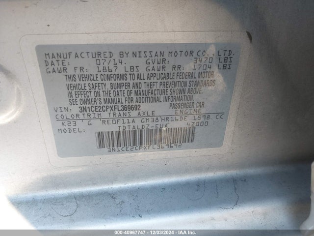 3N1CE2CPXFL369692 Nissan Versa Note Sv