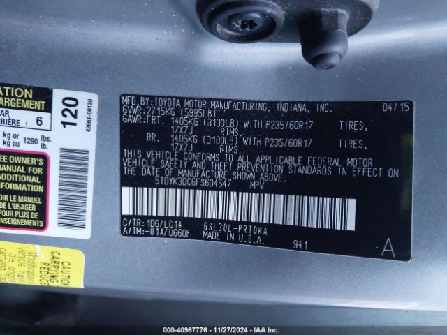 5TDYK3DC6FS604547 Toyota Sienna Xle 8 Passenger