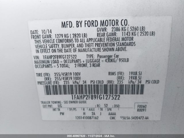 1FAHP2F89FG127522 Ford Taurus Limited