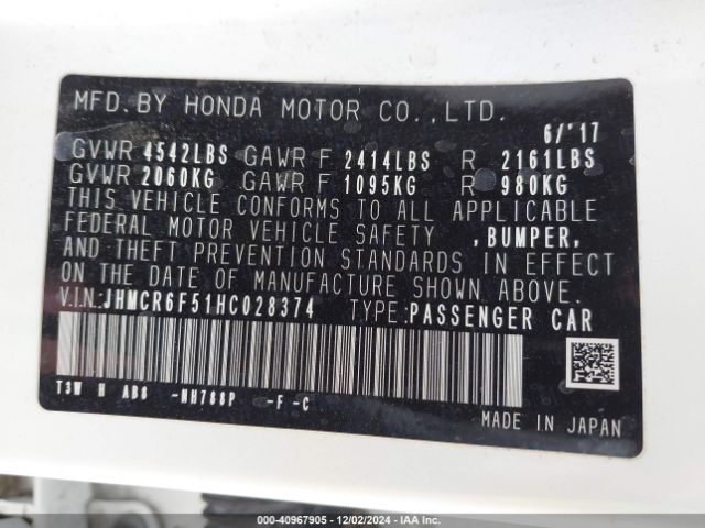 JHMCR6F51HC028374 Honda Accord Hybrid Ex-l