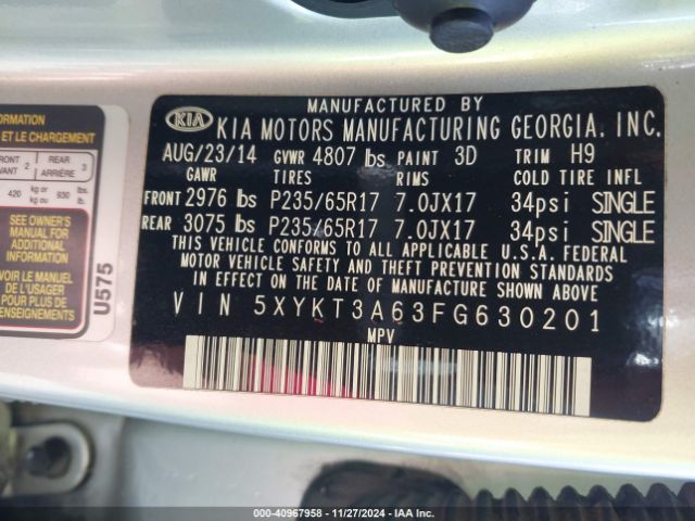 5XYKT3A63FG630201 KIA SORENTO LX