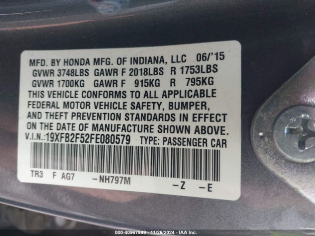 Honda Civic Lx 2015 19XFB2F52FE080579 Image 9