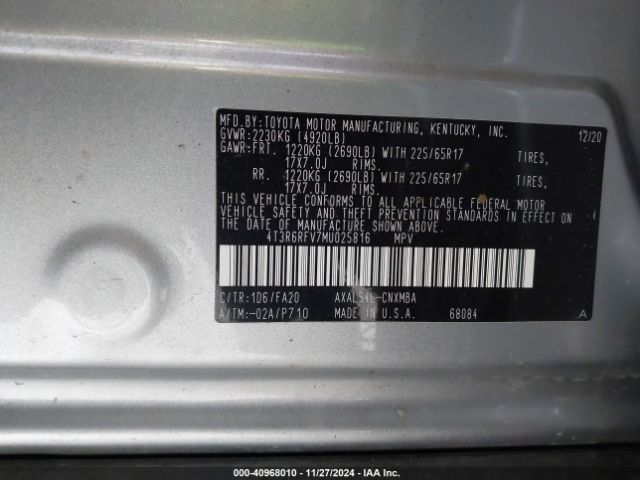 4T3R6RFV7MU025816 Toyota Rav4 Hybrid Xle