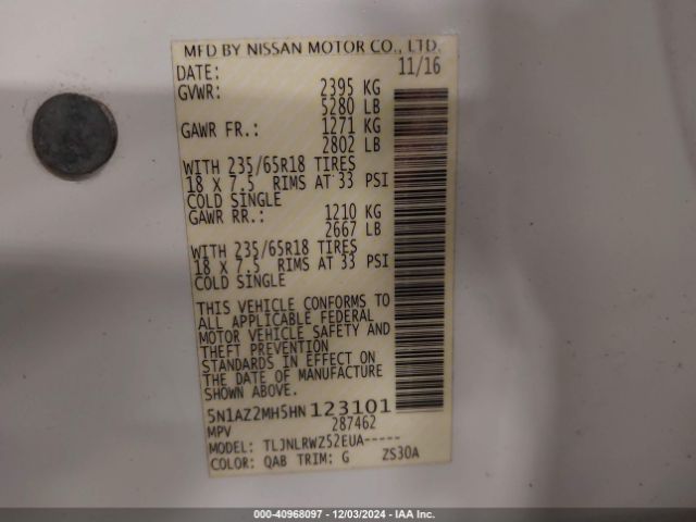 5N1AZ2MH5HN123101 Nissan MURANO SL