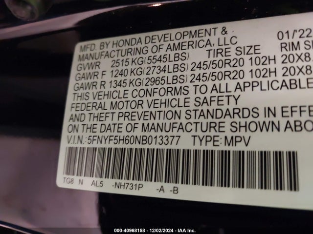 5FNYF5H60NB013377 Honda Pilot 2wd Touring 7 Passenger