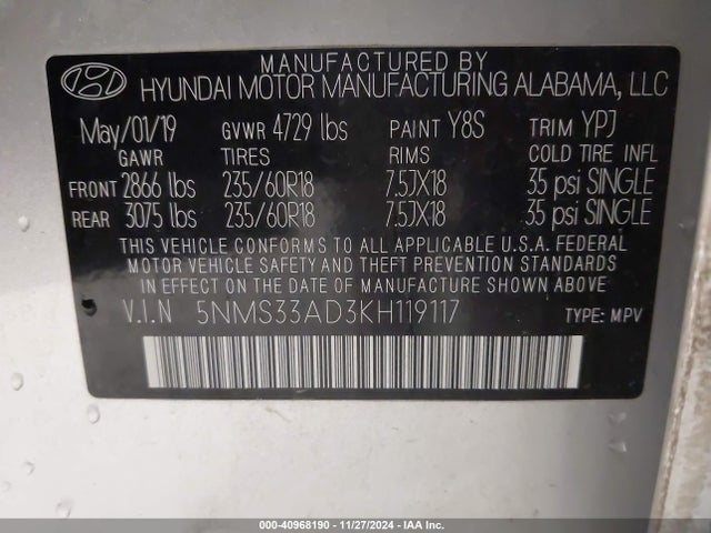 5NMS33AD3KH119117 Hyundai Santa Fe Sel Plus