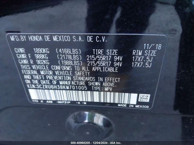3CZRU6H38KM701005 Honda HR-V LX
