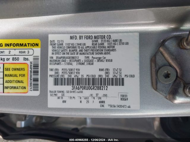 3FA6P0RU0GR288212 Ford Fusion Hybrid Titanium