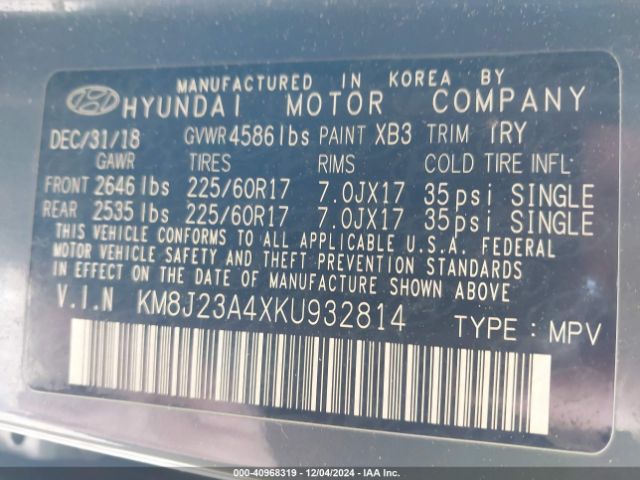 KM8J23A4XKU932814 Hyundai TUCSON SE