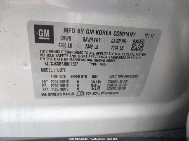 KL7CJKSB7JB611537 Chevrolet TRAX LS