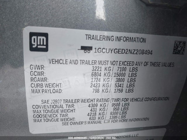 1GCUYGED2NZ208494 Chevrolet Silverado 1500 Ltd 4wd  Short Bed Ltz