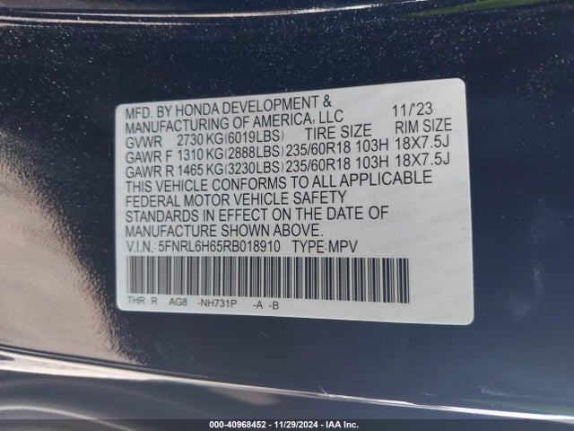 Honda Odyssey Ex-l 2024 5FNRL6H65RB018910 Image 9