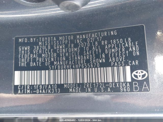 5YFBURHE4HP655670 Toyota COROLLA L