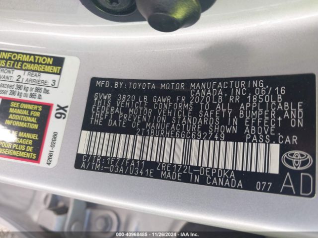 2T1BURHE6GC692749 Toyota COROLLA L