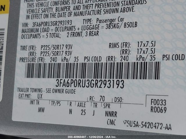3FA6P0RU3GR293193 Ford Fusion Hybrid Titanium