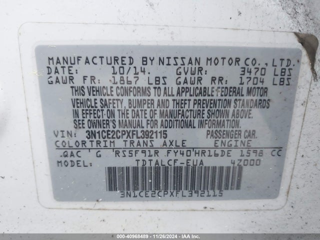 3N1CE2CPXFL392115 Nissan Versa Note S (sr)