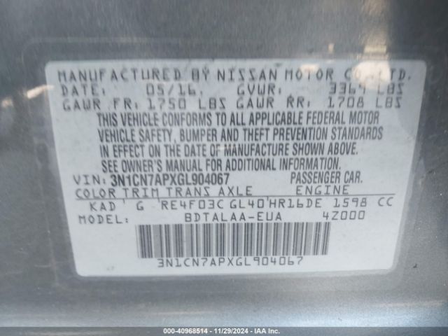 3N1CN7APXGL904067 Nissan Versa 1.6 S